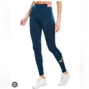 Nike Blue Leggings with Pink and Yellow Accents